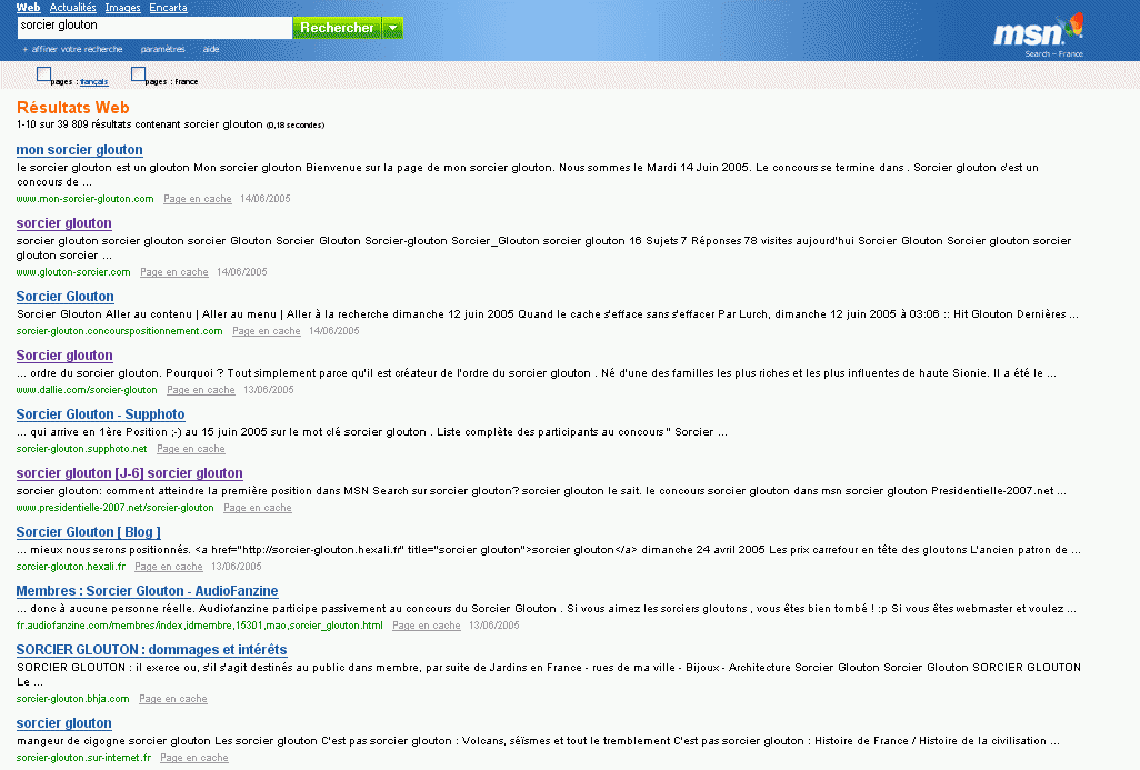 Classement final du sorcier glouton sur MSN